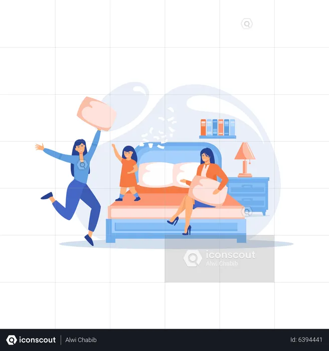 Girls pillow fighting  Illustration