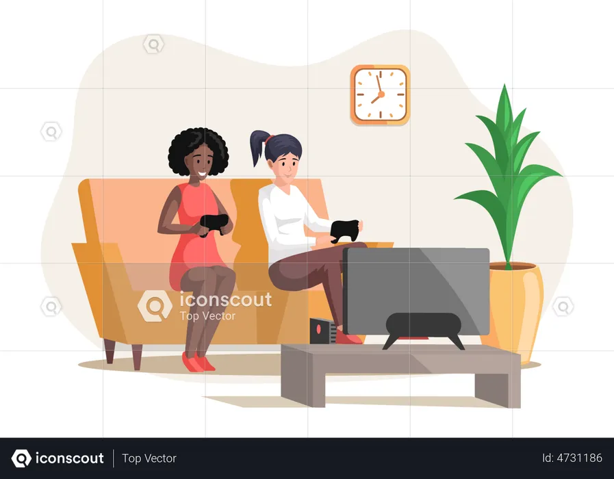 Girls playing video games sitting on couch with gamepad  Illustration