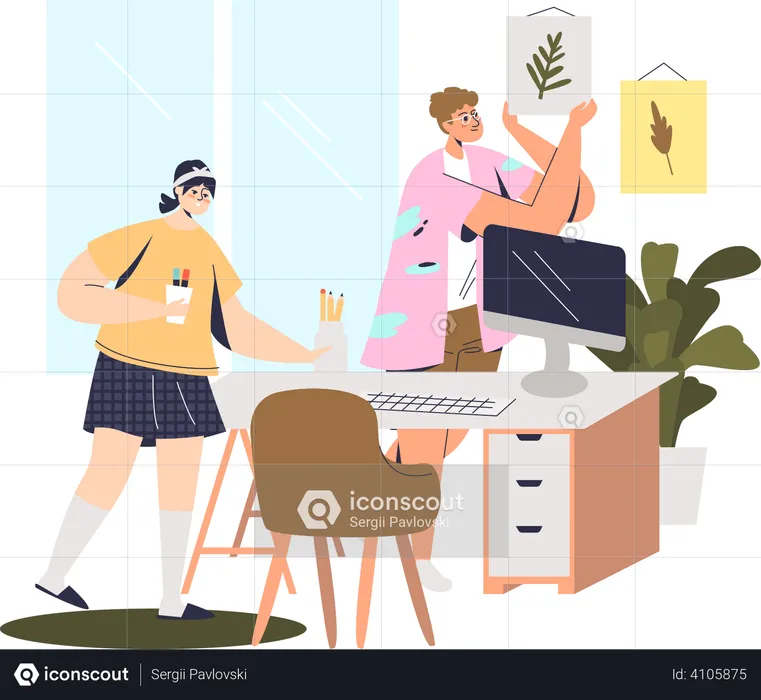 Girls preparing home workplace  Illustration