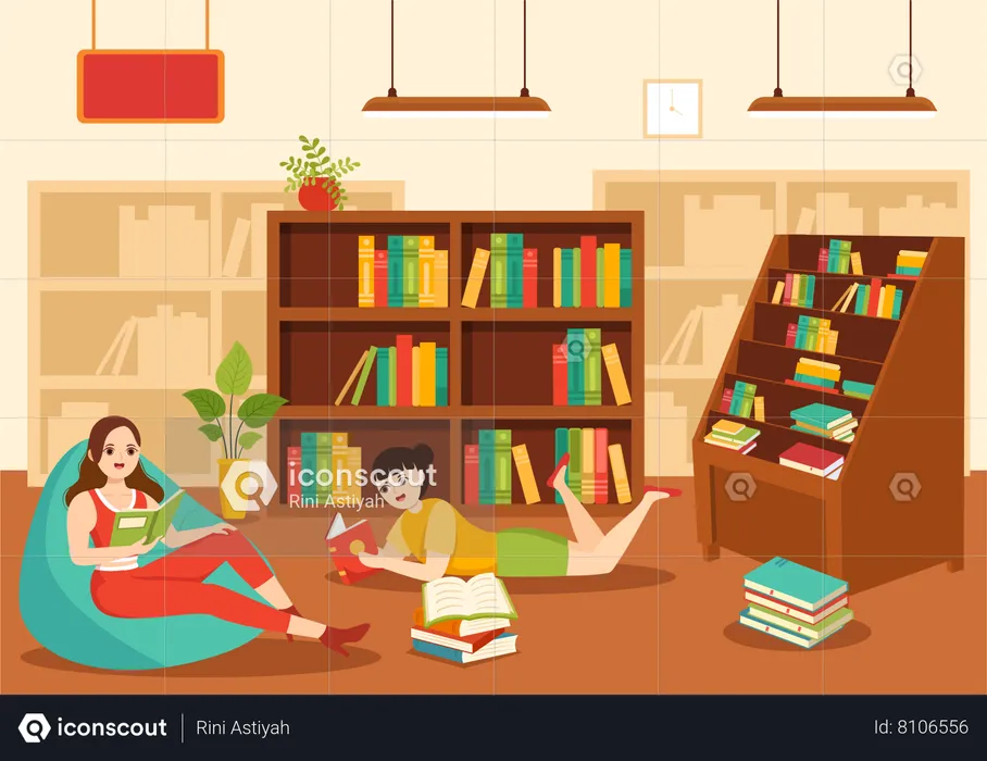 Girls reading book in Library  Illustration