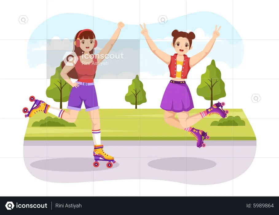 Girls Riding Skating In Park  Illustration