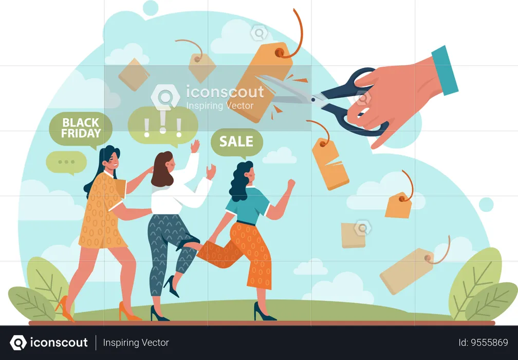 Girls running for black friday shopping  Illustration