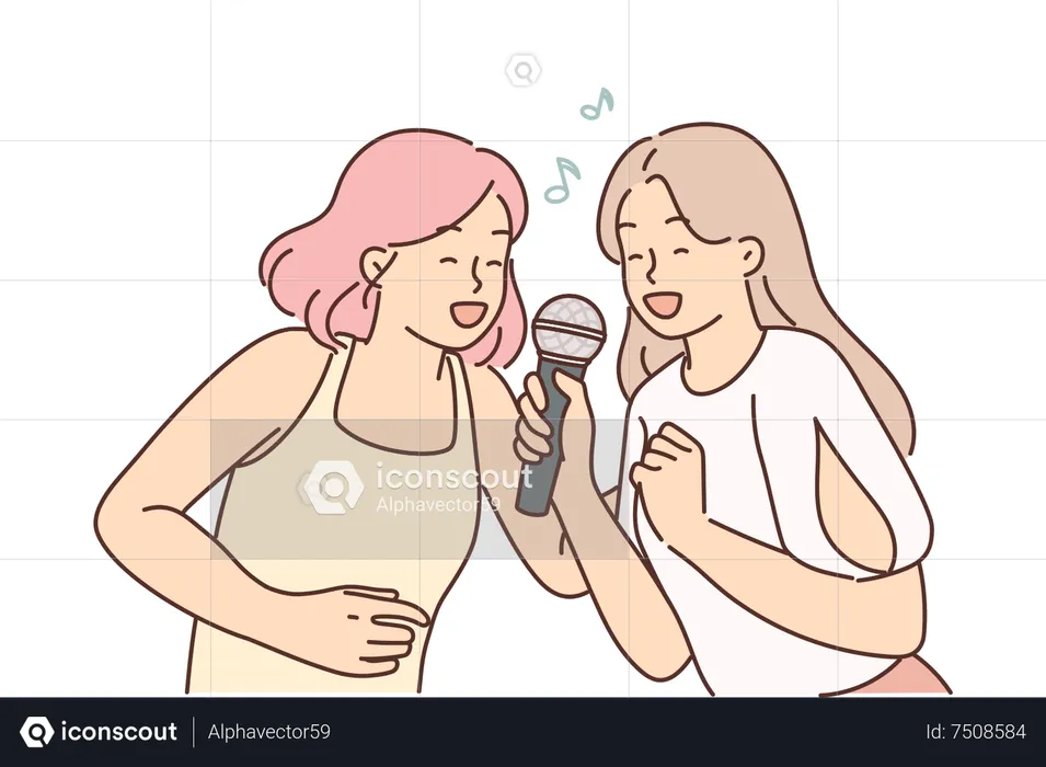 Girls singing karaoke  Illustration