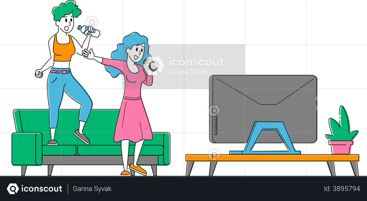 Girls singing karaoke music and dancing on couch together  Illustration