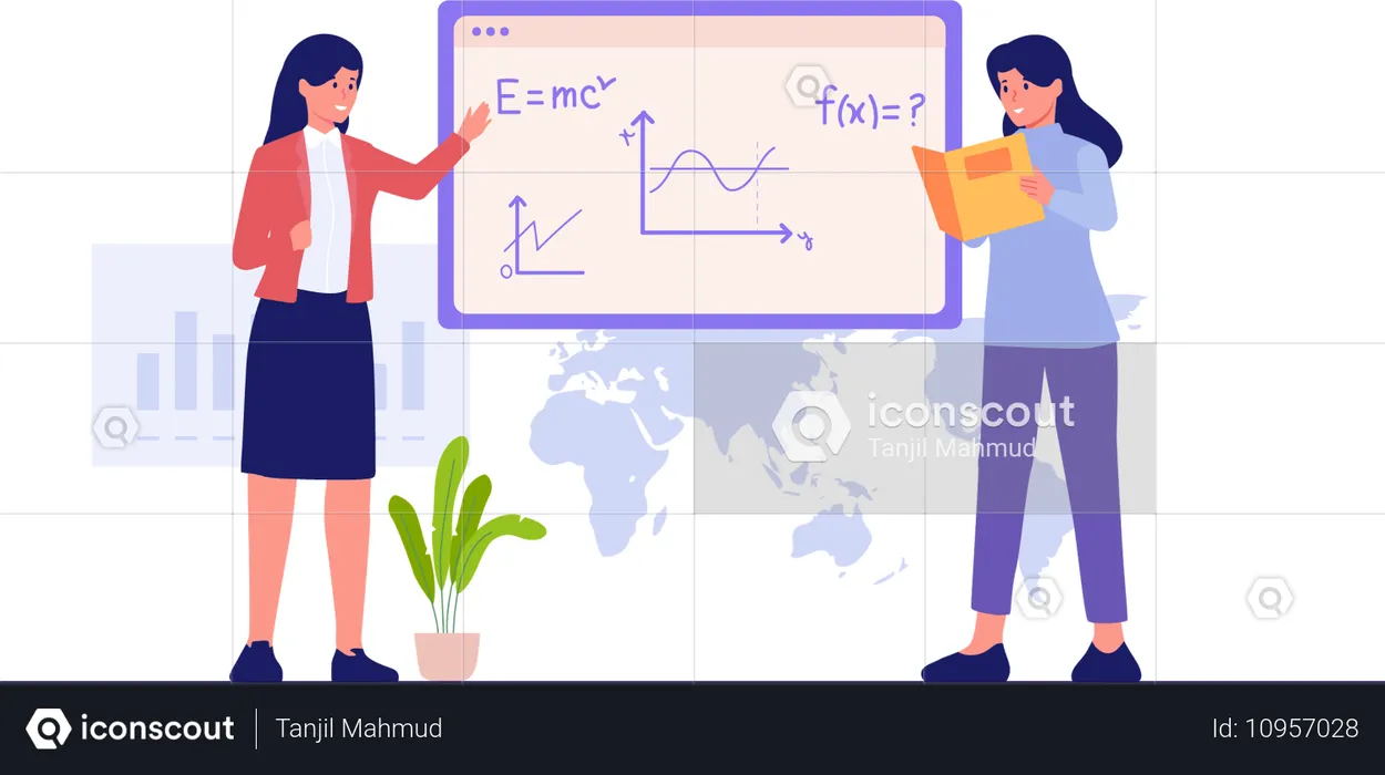 Girls Solving Equations  Illustration