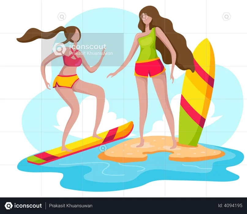 Girls surfing in sea  Illustration