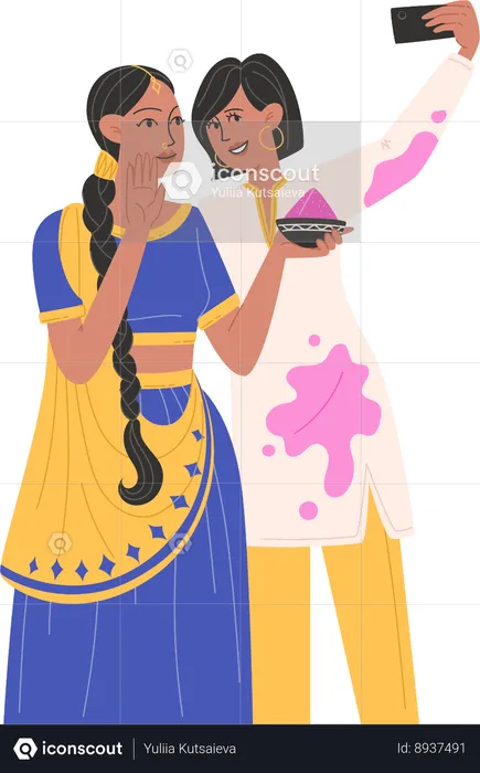 Girls taking mobile selfie on holi  Illustration