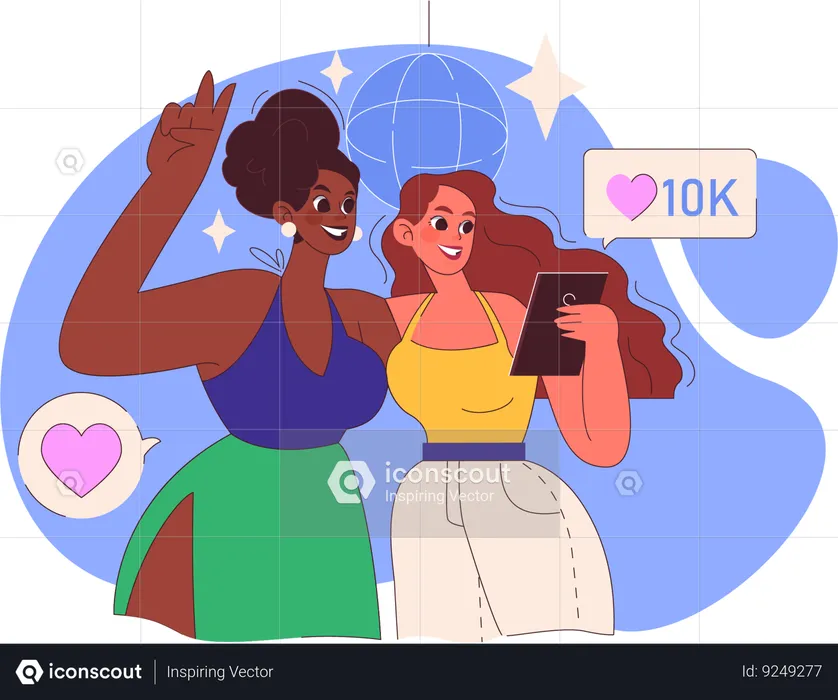 Girls taking picture and posting on social media site  Illustration