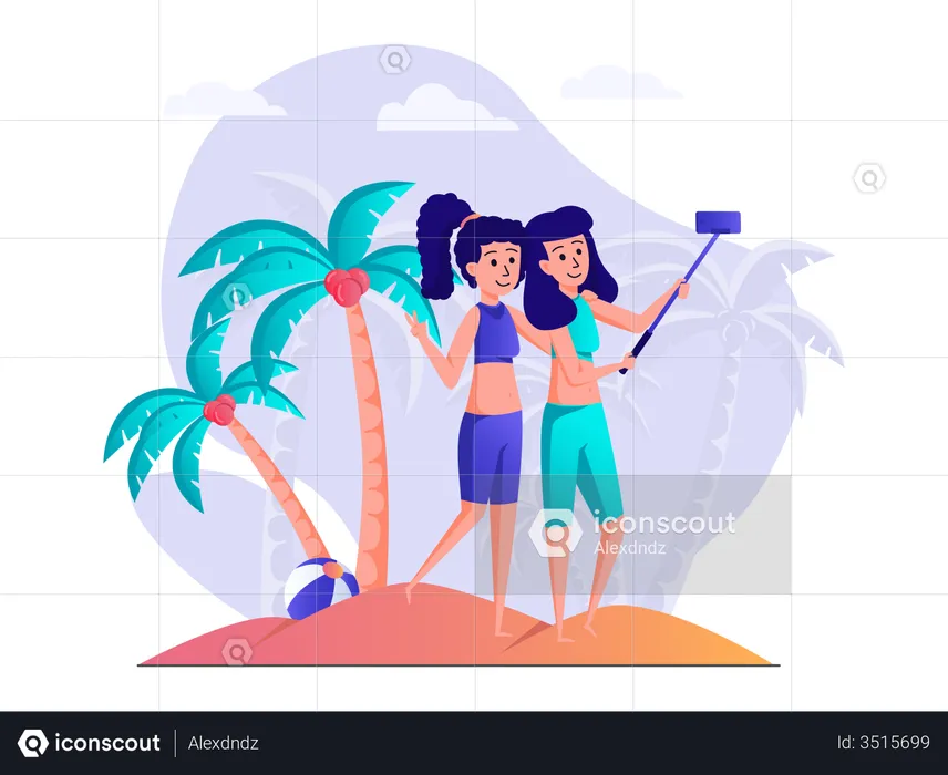 Girls taking selfie at beach  Illustration