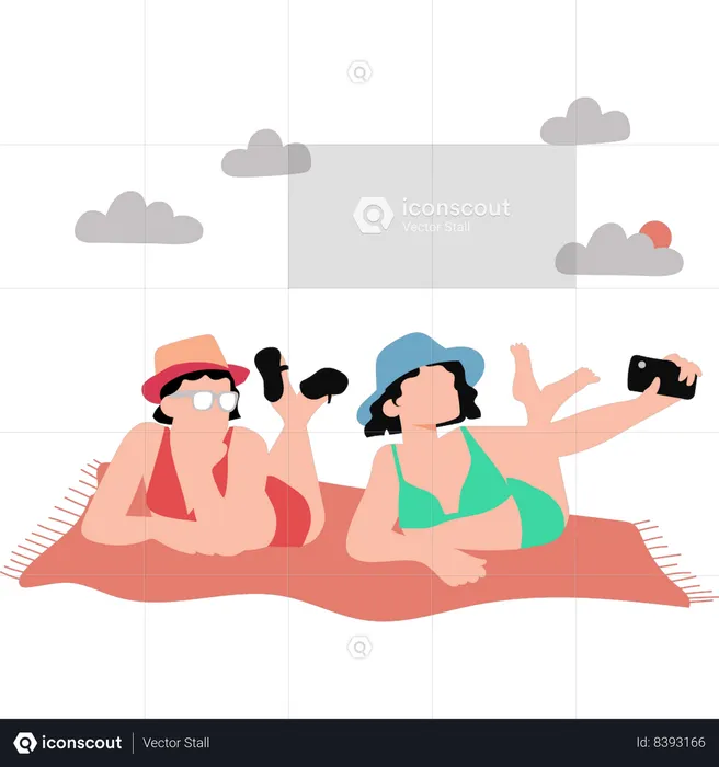 Girls taking selfie on beach  Illustration