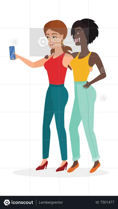 Girls taking selfie on mobile  Illustration