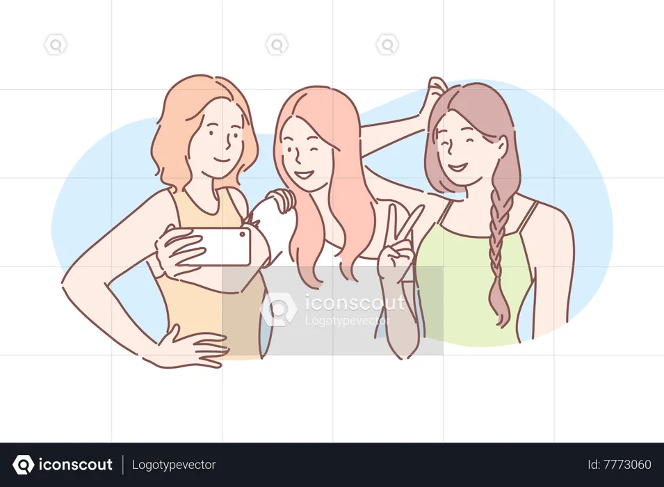 Girls taking selfie using mobile  Illustration