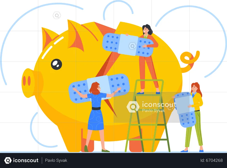 Girls team fixing broken piggy bank  Illustration