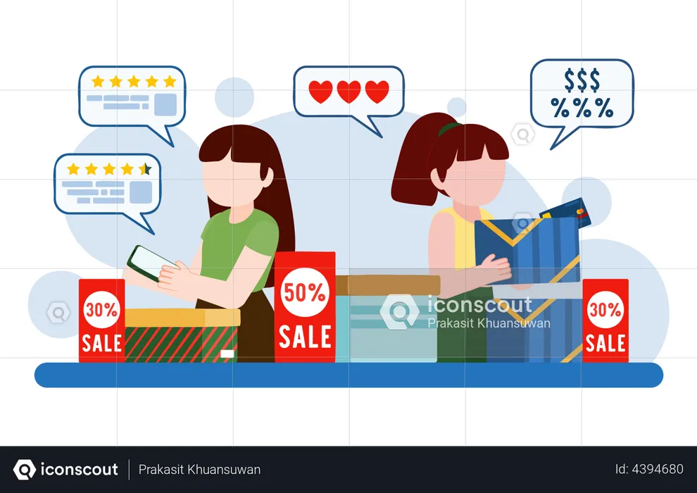 Girls using consumer rights while online shopping  Illustration