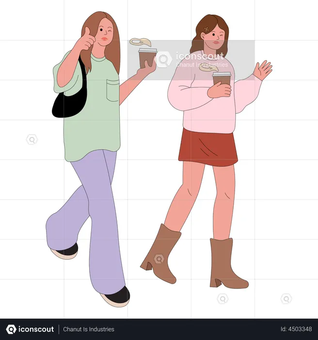 Girls walking while drinking coffee  Illustration