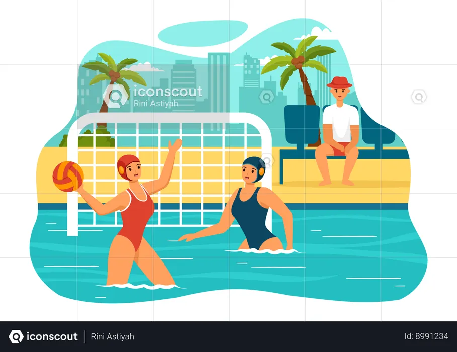 Girls Water Polo Sport at beach  Illustration