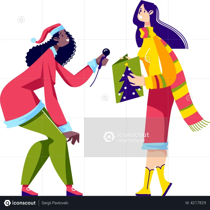 Girls wearing Santa clothes singing Christmas song  Illustration