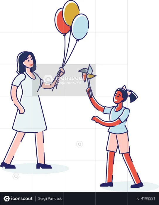 Girls with air balloons and little girl holding windmill toys  Illustration