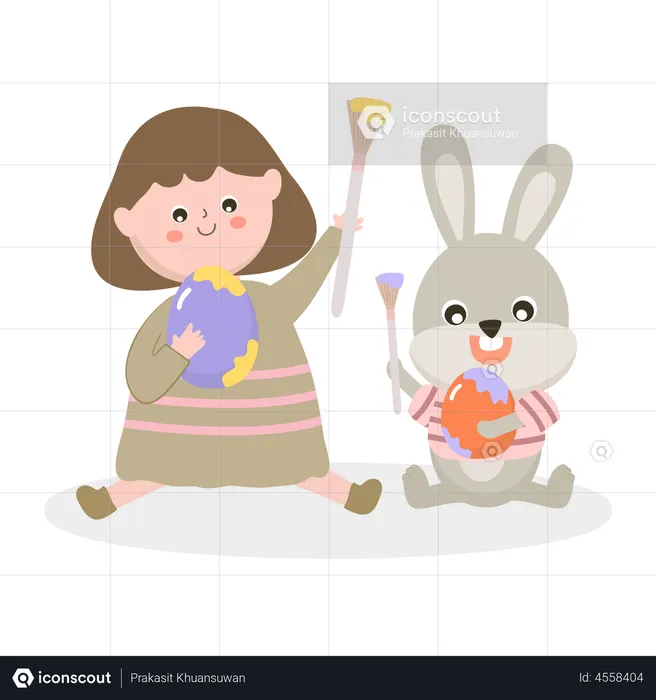 Girls with funny rabbit and easter egg  Illustration
