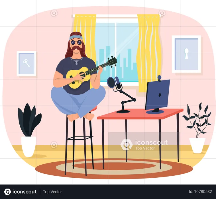 Gitarrist macht Live-Stream während er im Wohnzimmer spielt  Illustration