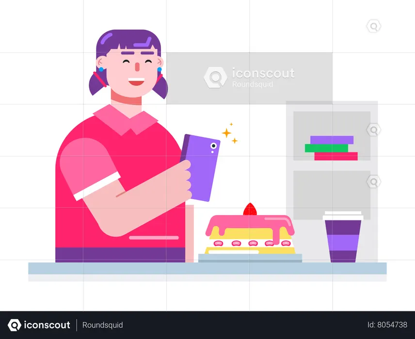Glad woman taking photo of cake on kitchen  Illustration