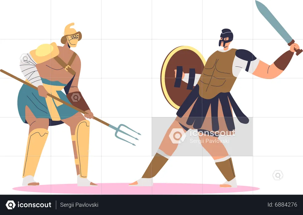 Gladiator fight with barbarian on arena  Illustration