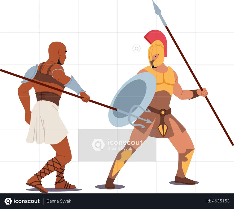Gladiator Fighting with Barbarian on Coliseum Arena  Illustration