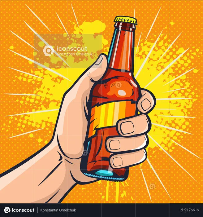 Glass bottle with drink in hand  Illustration