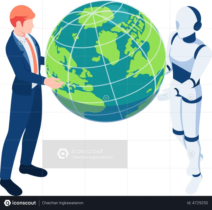 Global business partnership with AI robot  Illustration