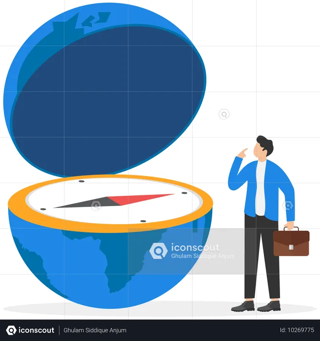 Globo dividido em duas metades e bússola com seta vermelha  Ilustração