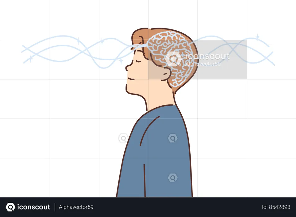 Glowing brain in head of man closing eyes  Illustration