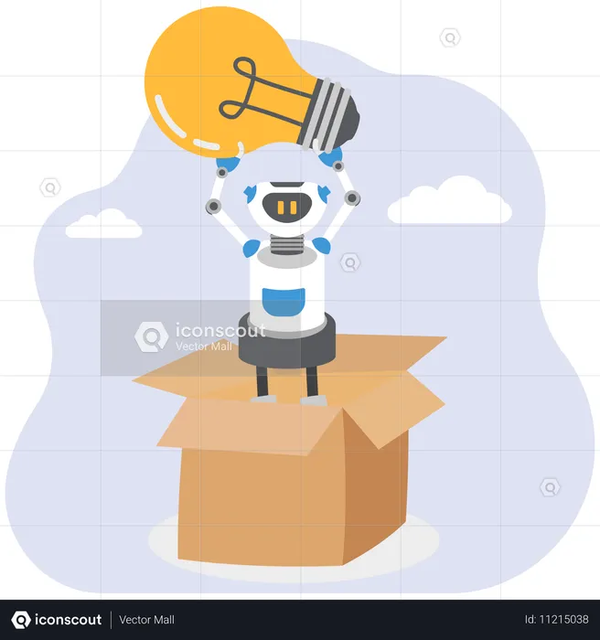 Glowing light bulb leads the robot to fly outside the box  Illustration