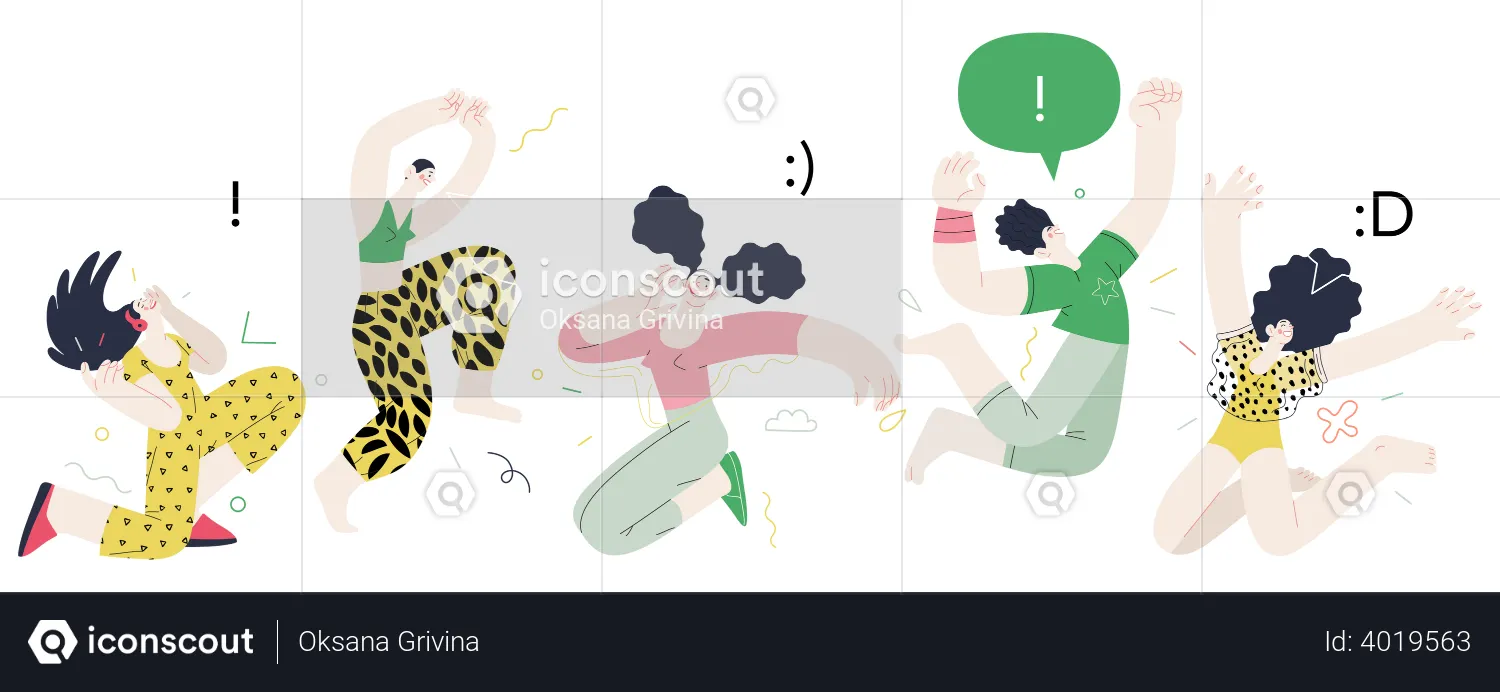 Glück - glückliche Menschen springen fröhlich in die Luft  Illustration