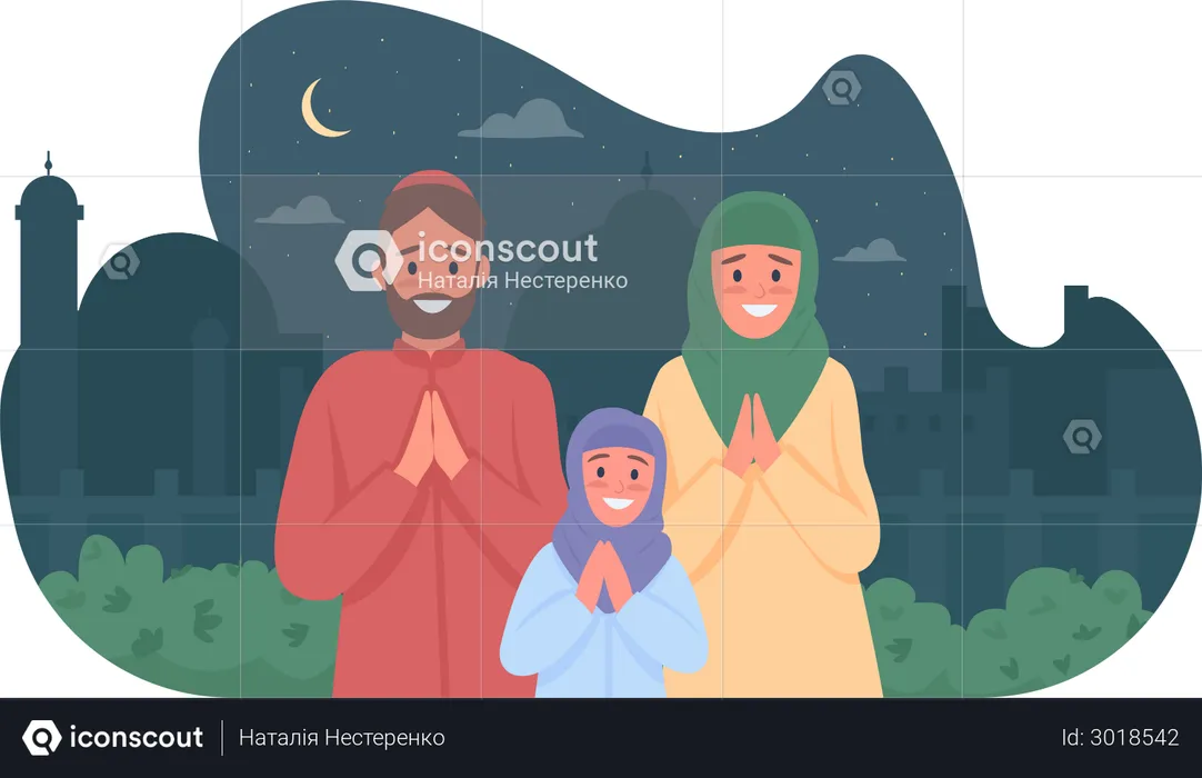 Glückliche arabische Familie betet zum Ramadan  Illustration