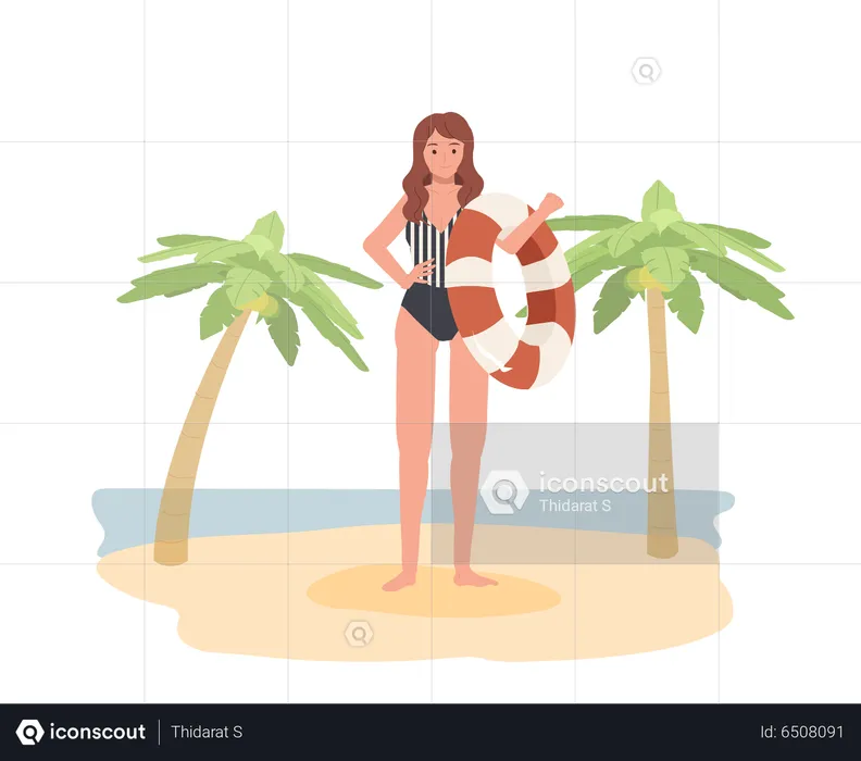 Glückliche Frau im Badeanzug mit Schwimmring am Strand  Illustration