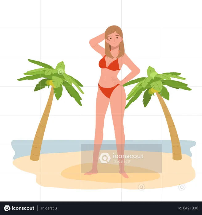 Glückliche Frau im Bikini am Strand  Illustration