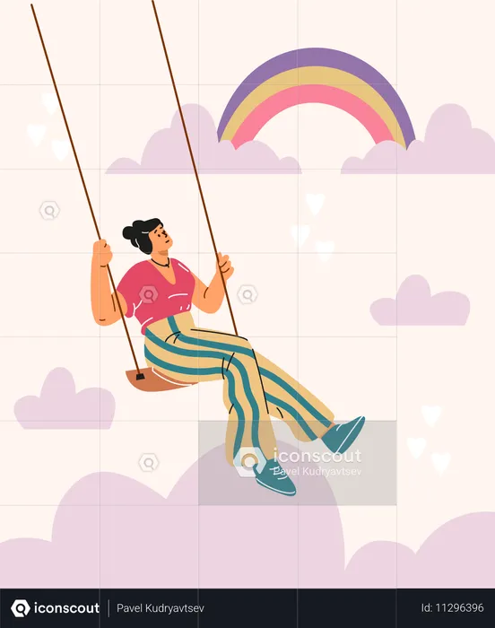 Glückliche Frau in T-Shirt und gestreifter Hose reitet auf einer Schaukel zwischen Wolken und Regenbögen  Illustration