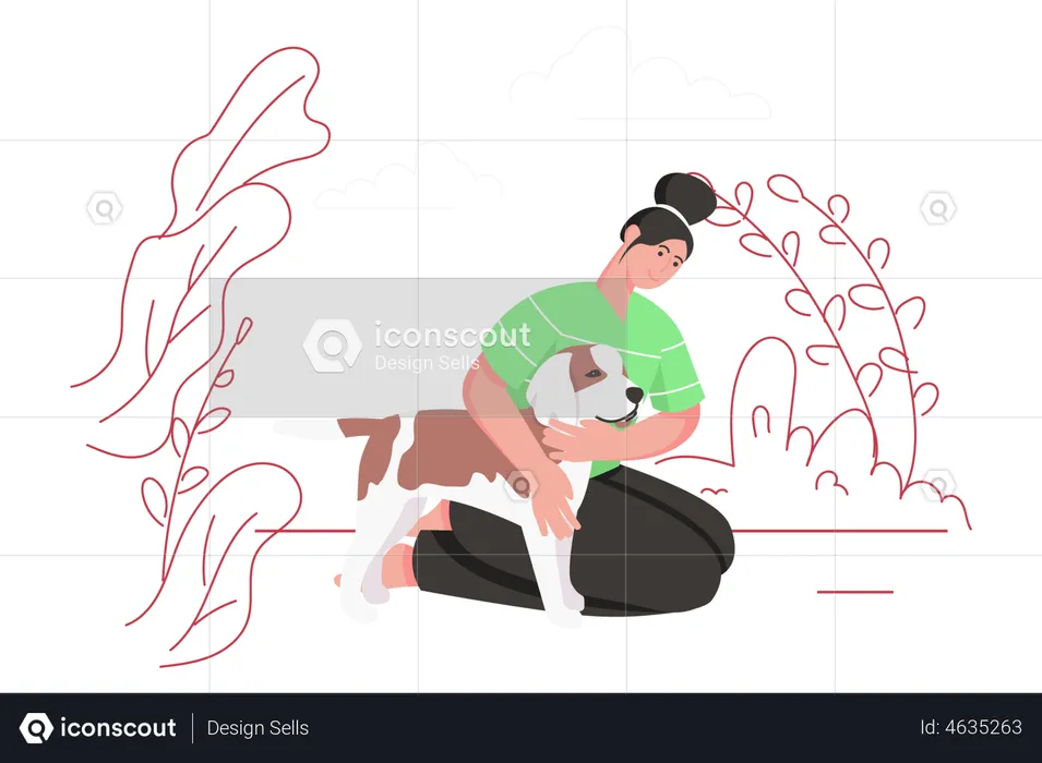 Glückliche Frau sitzt und umarmt ihren Hund  Illustration