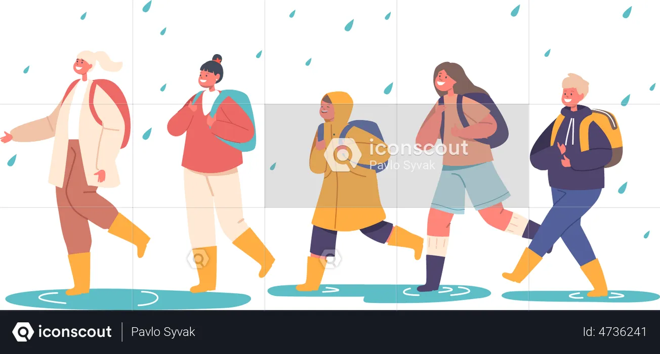 Glückliche Kinder laufen ohne Regenschirm im Regen  Illustration