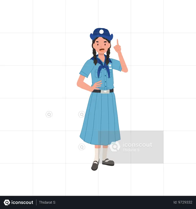 Fröhliche süße junge thailändische Pfadfinderin in Uniform gibt Ratschläge  Illustration