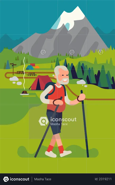 Glücklicher älterer Mann beim Wandern oder Trekking in den Bergen  Illustration