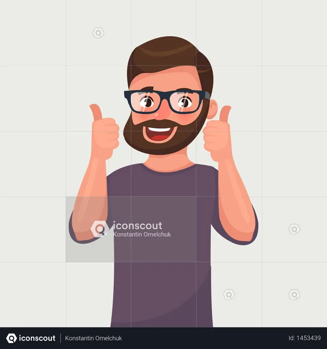 Glücklicher Mann mit Brille und Bart zeigt coole Geste  Illustration