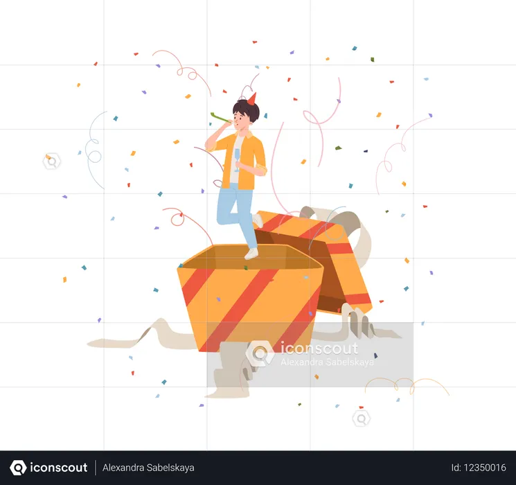 Glücklicher Mann mit Partyhorn springt aus Geschenkbox  Illustration