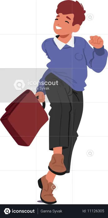 Glücklich Schuljunge im blauen Pullover springen mit Aktentasche in der Hand  Illustration