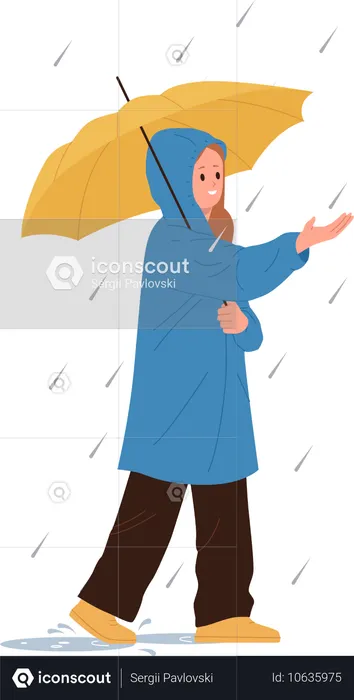 Glückliches Mädchen genießt regnerisches Wetter beim Spaziergang mit Regenschirm auf der Straße  Illustration