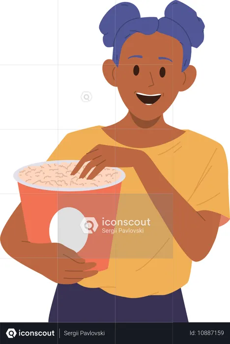 Fröhliches jugendliches Mädchen, das einen Kinofilm guckt und Fastfood-Popcorn-Snack genießt  Illustration