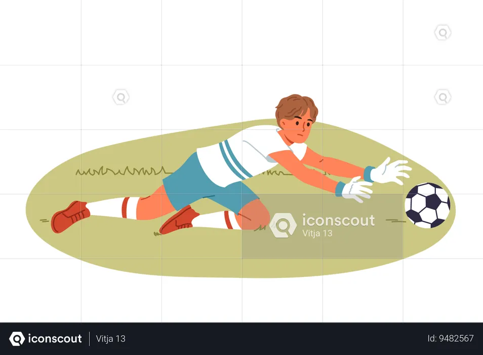 Goalkeeper guy plays football and jumps for ball protecting goal from enemy team  Illustration