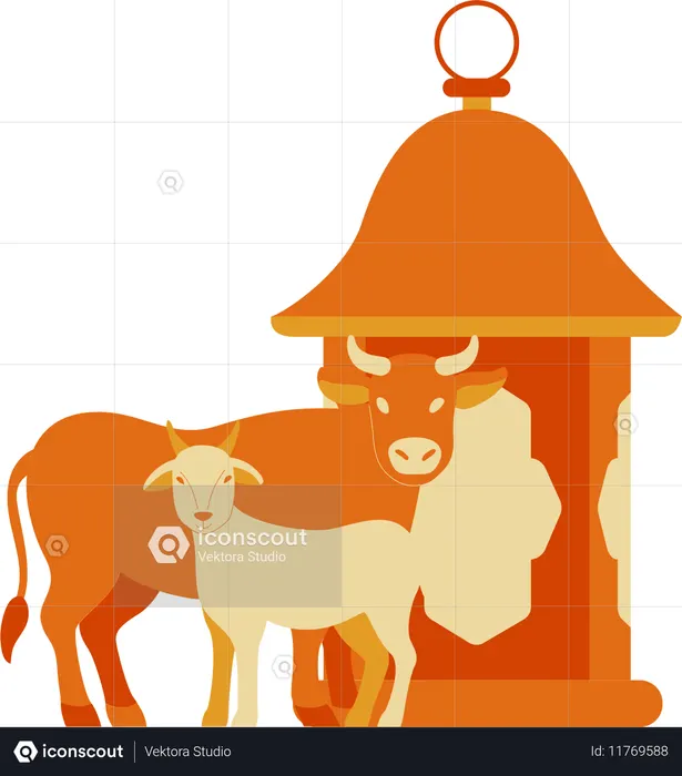 Goat and cow with lantern  Illustration