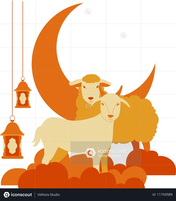 Goat and sheep above cloud and lantern  Illustration