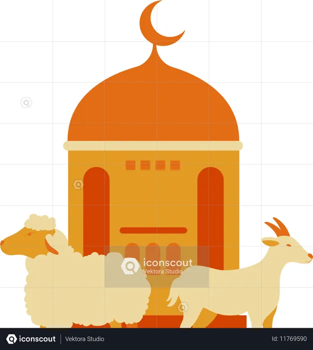 Goat and sheep with mosque  Illustration
